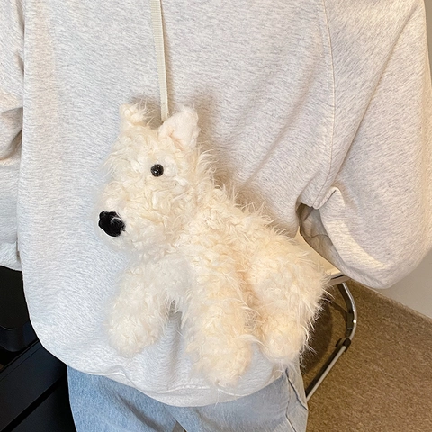 Borsa a Tracolla da Donna a Forma di Cane in Peluche Bianco Stile West Highland Terrier Cartone Animato Borsa Invernale
