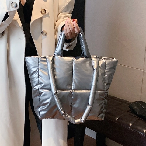Women Quilted Puffer Tote Bag Metallic Cotton Padded Large Capacity Shoulder Bag Casual Daily Commute Handbag