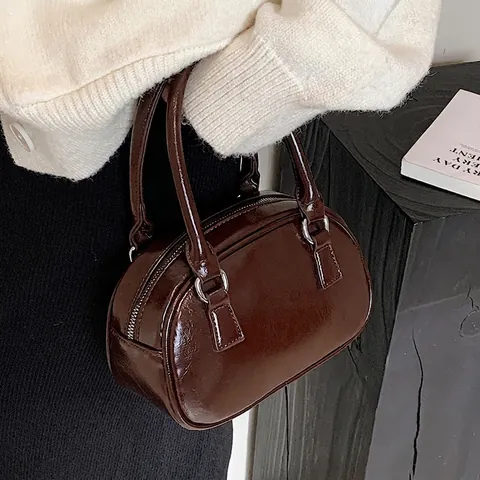 Vintage Women Glossy PU Leather Boston Handbag Small Box Square Crossbody Bag With Adjustable Strap Silver Hardware