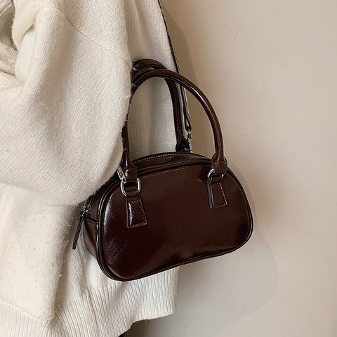 Vintage Women Glossy PU Leather Boston Handbag Small Box Square Crossbody Bag With Adjustable Strap Silver Hardware