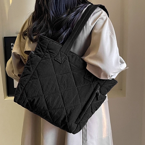 Women Large Capacity Nylon Tote Bag Rhombic Quilted Puffer Shoulder Bag For Commute Travel Work Versatile Everyday Handbag