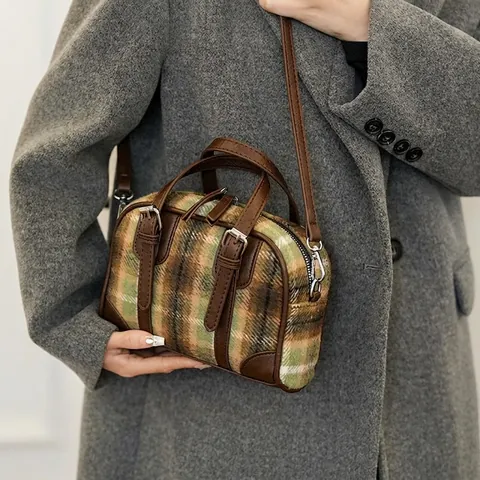 Damen Vintage Karomuster Boston Tasche Kunstleder Besatz Verstellbarer Schultergurt Retro Britischen Stil Handtasche Reisen Freizeit