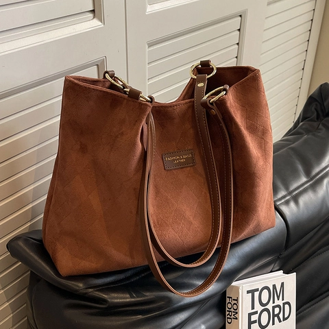 Damen Vintage Rautenmuster Geprägte Tote Bag Großes Fassungsvermögen Mattes Wildlederimitat Schultertasche Mit Goldring