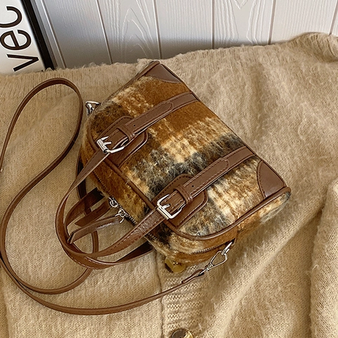 Damen Vintage Karomuster Boston Tasche Kunstleder Besatz Verstellbarer Schultergurt Retro Britischen Stil Handtasche Reisen Freizeit
