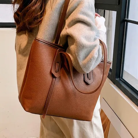Bolso Tote Minimalista de Cuero PU para Mujer Gran Capacidad Textura de Litchi Bolso de Hombro Versátil Bolso Diario Oficina