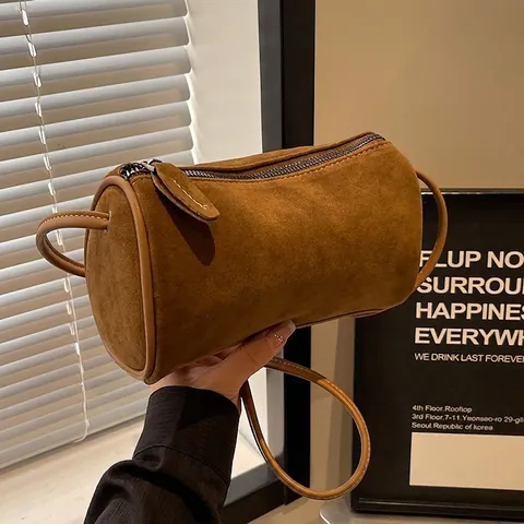 Minimalistische Damen Zylindertasche Umhängetasche Mattiertes Wildleder Kleine Boston Bag Vintage Schultertasche Herbst Winter