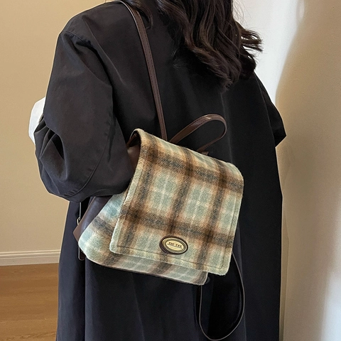 Zaino in Lana a Quadri Vintage per Donna Grande Capacità Stile Accademico Borsa da Scuola Retro Britannica Cinghie in Pelle Verde
