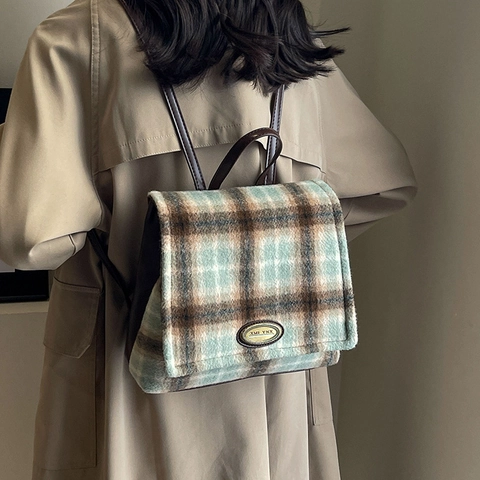 Zaino in Lana a Quadri Vintage per Donna Grande Capacità Stile Accademico Borsa da Scuola Retro Britannica Cinghie in Pelle Verde