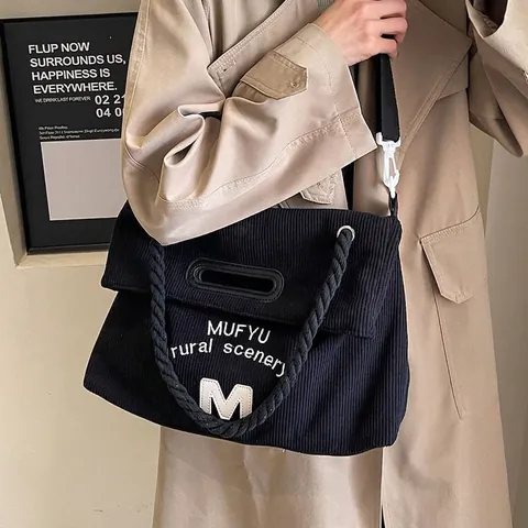 Women Large Corduroy Tote Bag Vintage Letter Embroidery Crossbody Shoulder Bag Street Casual School Commute Handbag