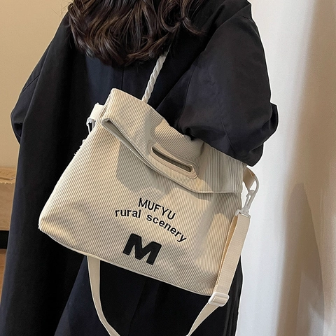 Women Large Corduroy Tote Bag Vintage Letter Embroidery Crossbody Shoulder Bag Street Casual School Commute Handbag
