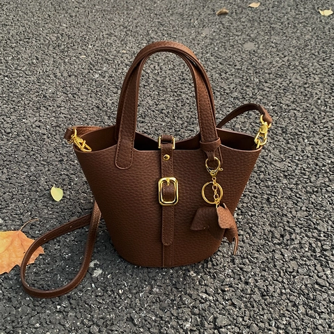 Vintage Damen Beuteltasche Litchi Textur PU Leder Schulter Umhängetasche Mit Elefantenanhänger Für Den Täglichen Büro Alltag