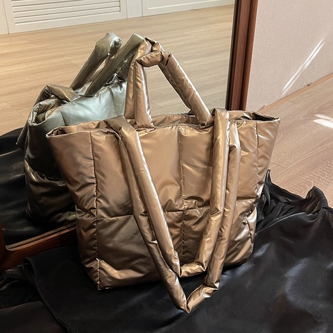 Women Large Capacity Nylon Quilted Tote Bag Metallic Puffer Shoulder Bag Glossy Commuting Handbag Daily Leisure Travel Bag
