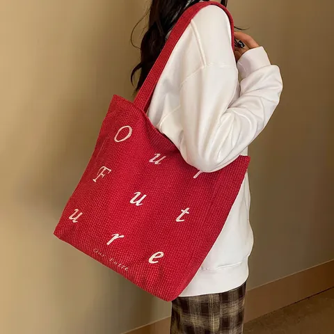 Borsa Shopping da Donna in Velluto a Coste Grande Capacità Ricamo Future Lettera Borsa a Spalla Casual Scuola