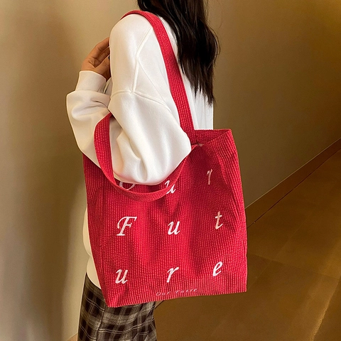 Borsa Shopping da Donna in Velluto a Coste Grande Capacità Ricamo Future Lettera Borsa a Spalla Casual Scuola