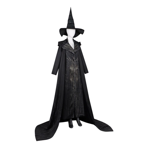 Costume de Cosplay de Sorcière Gothique pour Femme en Polyester Noir Robe Longue Avec Cape à Capuche et Chapeau de Sorcière