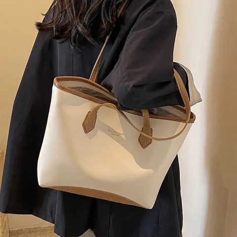 Borsa Tote da Donna Grande Capacità in Pelle PU Stampa Fashion Bags Cuciture a Contrasto Borsa a Spalla per Ufficio