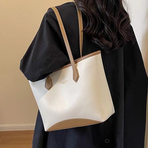 Borsa Tote da Donna Grande Capacità in Pelle PU Stampa Fashion Bags Cuciture a Contrasto Borsa a Spalla per Ufficio