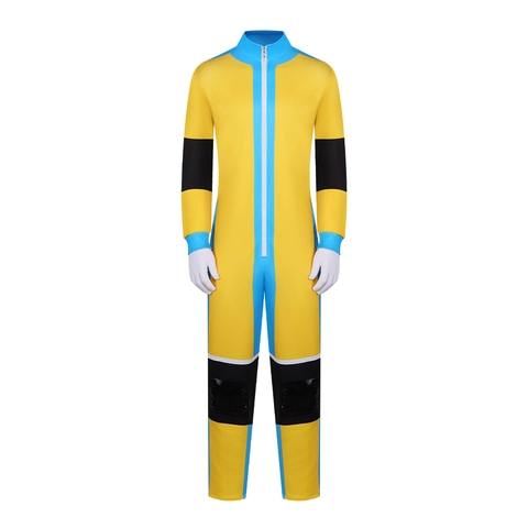 Combinaison de Cosplay Personnage Unisexe Jaune Costume de Performance avec Gants Blancs pour Fête Halloween Déguisement