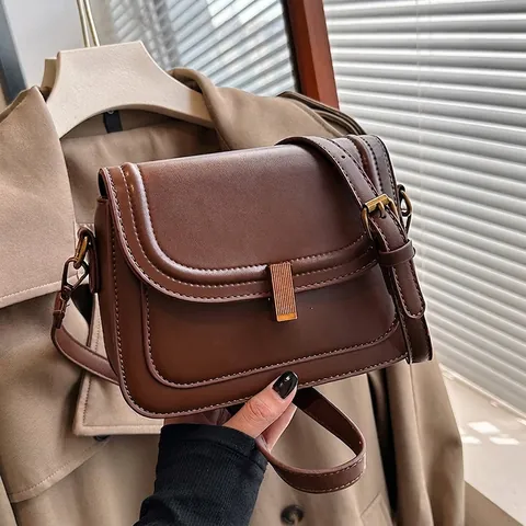 Women Vintage PU Leather Small Square Crossbody Shoulder Bag With Gold Metal Lock Minimalist Underarm Satchel Bag For Daily Use