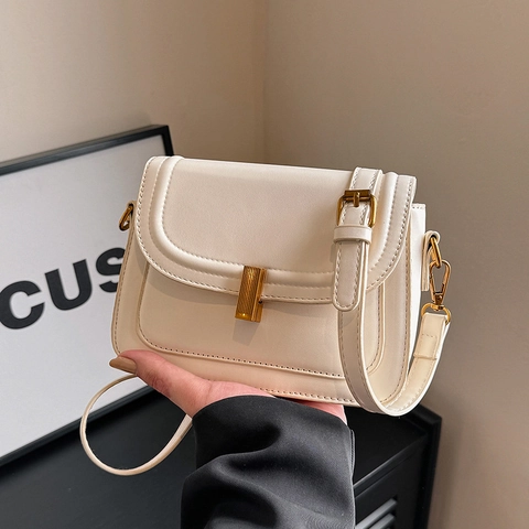 Women Vintage PU Leather Small Square Crossbody Shoulder Bag With Gold Metal Lock Minimalist Underarm Satchel Bag For Daily Use