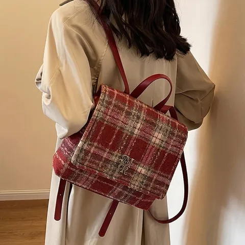 Sac à Dos En Tweed à Carreaux Vintage Pour Femmes Grande Capacité Sac D'école Décontracté Avec Décor De Lettres En Métal Sac à Dos Rétro