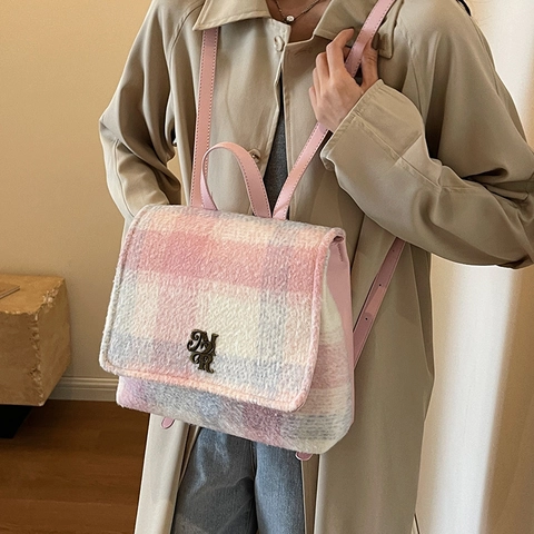 Sac à Dos En Tweed à Carreaux Vintage Pour Femmes Grande Capacité Sac D'école Décontracté Avec Décor De Lettres En Métal Sac à Dos Rétro