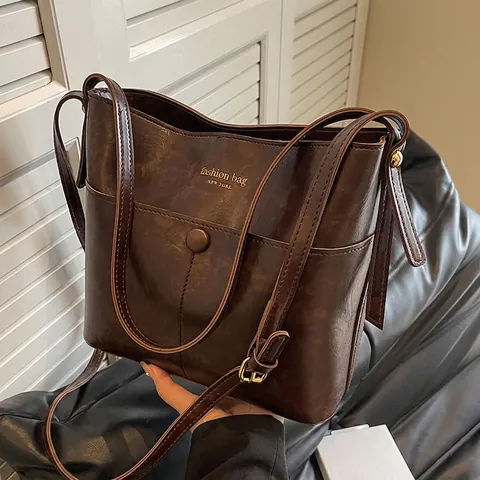 Sac Seau Vintage en Cuir PU Grande Capacité Avec Poignée Bandoulière Réglable Impression de Lettres Sac Fourre-tout Femme