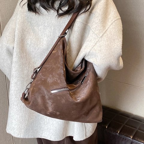 Borsa Tote da Donna Retro in Pelle PU Grande Capacità Decorazione con Cerniera Argento Tendenza Street Borsa a Tracolla