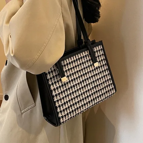 Bolso Tote de Gran Capacidad de Pata de Gallo Vintage para Mujer Cuero PU Patchwork Color de Contraste Bolso de Hombro Moda