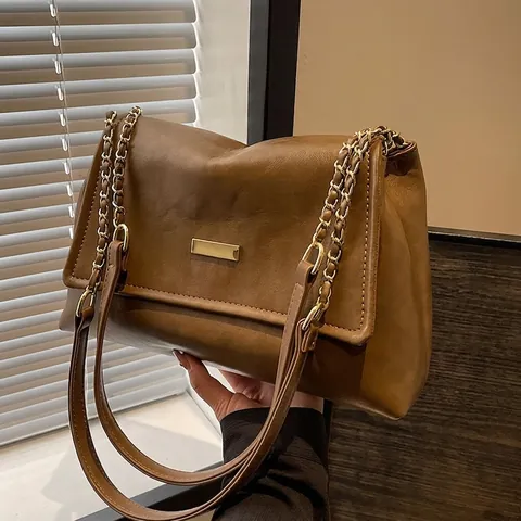 Vintage Maillard Style Women Large Capacity Tote Bag PU Leather Shoulder Bag With Chain Strap Versatile Fall Winter Crossbody Bag