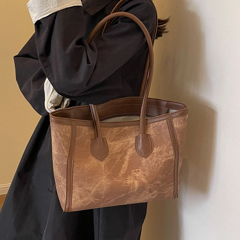 Bolso Tote de Gran Capacidad para Mujer Cuero de PU Retro Minimalista Bolso de Hombro Viaje Diario Trabajo Casual Estilo Maillard