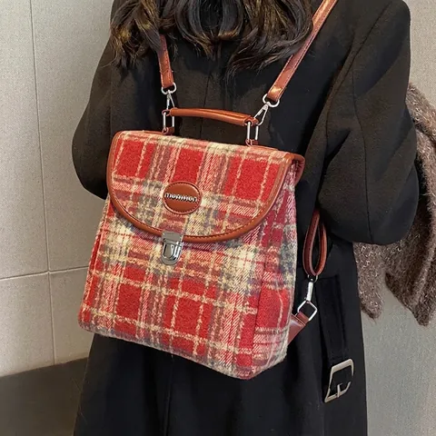 Vintage Plaid Wollrucksack Für Damen Britischer Stil Karierte Reisetasche Kunstlederbesatz Metallschnalle Schultasche