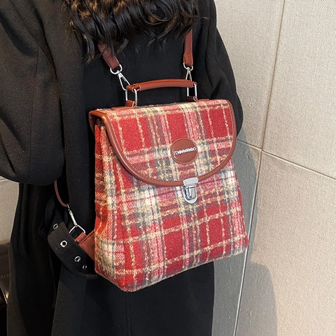 Vintage Plaid Wollrucksack Für Damen Britischer Stil Karierte Reisetasche Kunstlederbesatz Metallschnalle Schultasche