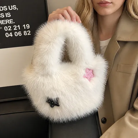 Women Cute Plush Bucket Bag Faux Fur Crossbody Handbag With Sequin Star Decor Adjustable Strap Winter Fashion Shoulder Bag