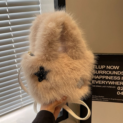 Women Cute Plush Bucket Bag Faux Fur Crossbody Handbag With Sequin Star Decor Adjustable Strap Winter Fashion Shoulder Bag