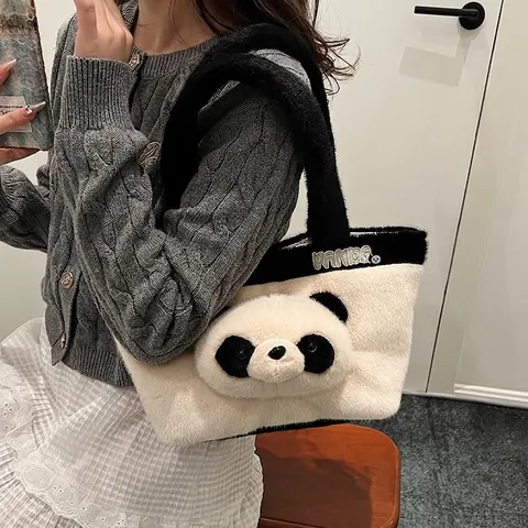 Borsa Tote in Peluche a Forma di Panda per Donna Grande Capacità Borsa a Tracolla in Pelliccia Sintetica Cartone Animato Nero Bianco