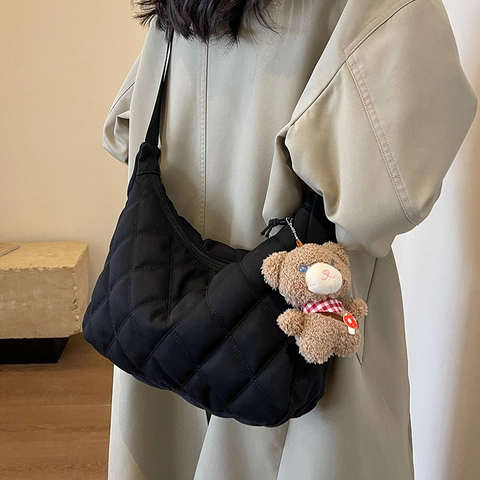 Women's Large Capacity Nylon Quilted Tote Bag Fashion Rhombic Shoulder Crossbody Handbag With Bear Charm For Daily Travel