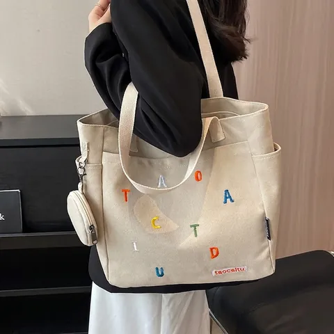 Large Capacity Canvas Tote Bag For Women With Colorful Letter Embroidery Minimalist Casual Shoulder Bag For School Work