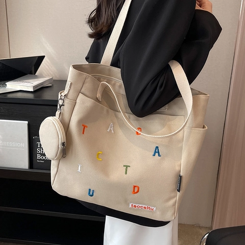 Large Capacity Canvas Tote Bag For Women With Colorful Letter Embroidery Minimalist Casual Shoulder Bag For School Work