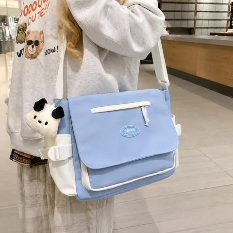 Large Capacity Nylon Tote Bag For Women Minimalist Crossbody Messenger Bag School Commuting Shoulder Handbag With Cute Pendant
