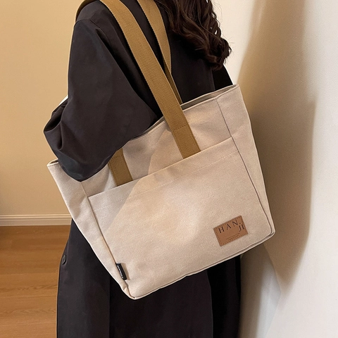Damen Casual Große Kapazität Leinwand Tragetasche Mehrere Taschen Kontrastgriffe Minimalistische Tägliche Schulter Handtasche