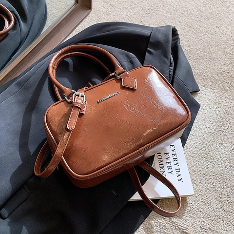 Vintage High Gloss PU Leather Boston Handbag For Women Small Square Crossbody Bag With Adjustable Strap Wedding Party Red Black Brown Green
