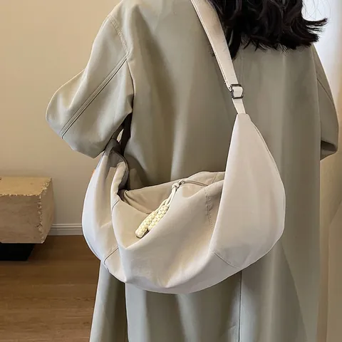 Women Large Capacity Nylon Crescent Crossbody Bag Casual Lightweight Hobo Shoulder Bag With Woven Rope Zipper Pull For Travel