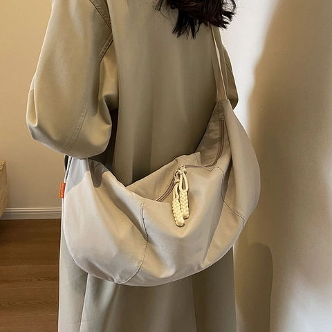 Women Large Capacity Nylon Crescent Crossbody Bag Casual Lightweight Hobo Shoulder Bag With Woven Rope Zipper Pull For Travel