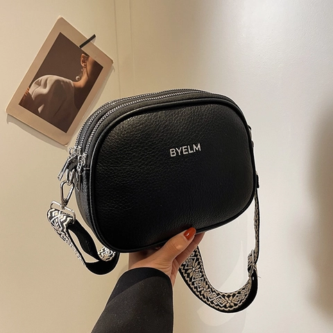 Fashion Litchi Pattern PU Leather Crossbody Bag With Bohemian Wide Geometric Strap Double Zipper Small Round Camera Bag