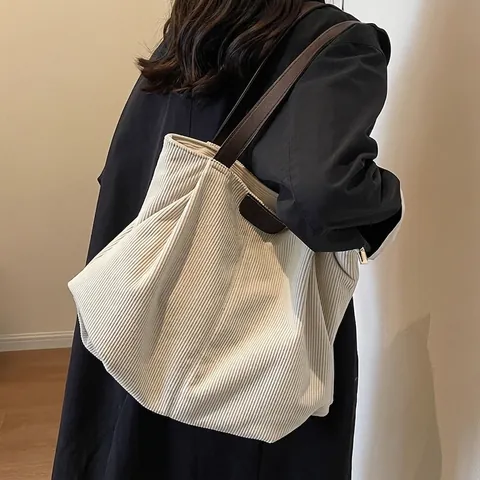 Borsa Tote in Velluto a Coste da Donna Grande Capacità Borsa a Tracolla a Costine Vintage Con Tracolla in Pelle Artificiale