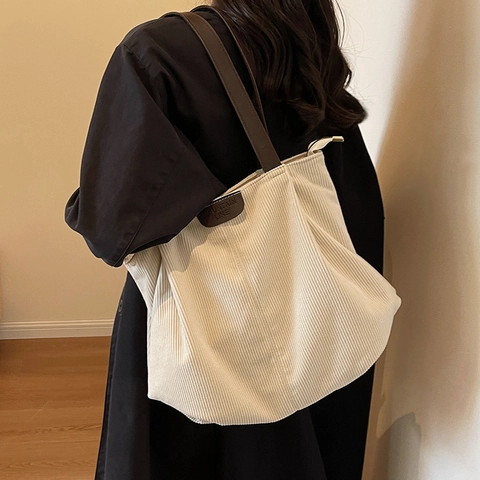 Borsa Tote in Velluto a Coste da Donna Grande Capacità Borsa a Tracolla a Costine Vintage Con Tracolla in Pelle Artificiale