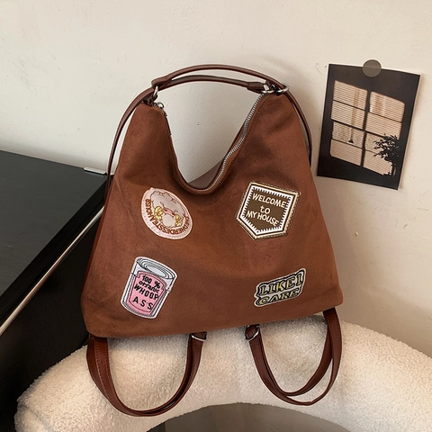 Borsa Tote da Donna Vintage in Pelle PU Nubuck Grande Capacità Zaino Multiuso Borsa a Tracolla Streetwear Patchwork Borsa Pendolare