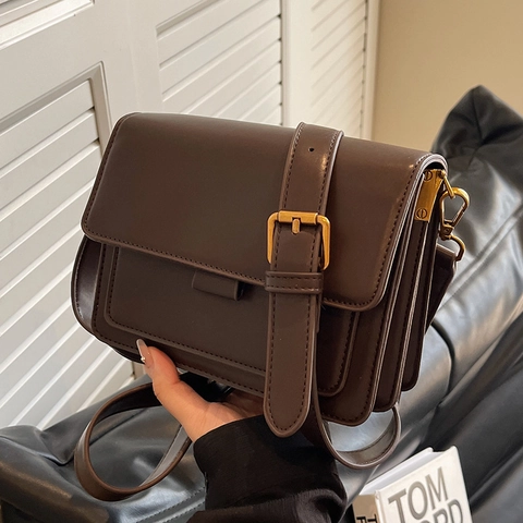 Vintage PU Leather Square Crossbody Bag For Women Retro Accordion Pleats Shoulder Bag With Gold Metal Buckle Daily Travel Bag