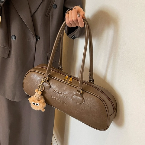 Vintage PU Leather Boston Underarm Bag For Women Large Capacity Cylindrical Shoulder Bag With Fashion Monster Pendant